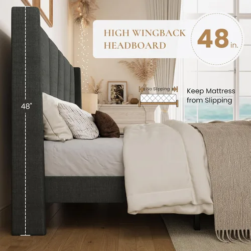 Vista 5 de SHA CERLIN Base de cama tamaño Queen con cabecera geométrica con respaldo de ala, plataforma tapizada con soporte de listones de madera, espacio Gris