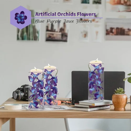 Vista 6 de 60 cabezas de orquídeas artificiales, 12 piezas de flores de orquídeas artificiales para velas flotantes, centros de mesa de boda, decoración
