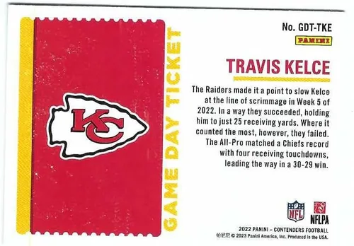 Vista 2 de TRAVIS KELCE 2022 Entrada para el día del partido de Panini Contenders #GDT-TKE Tarjeta de fútbol Kansas City Chiefs