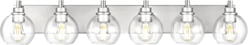 Vista 9 de Accesorios de iluminación de baño, luz de tocador mate negra de 2 luces, apliques de pared modernos con pantalla de globo de vidrio transparente