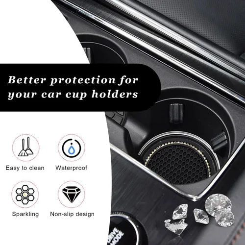 Vista 6 de Ziciner Paquete de 4 posavasos brillantes para automóvil, portavasos de goma suave con cristal, tapete antideslizante con diamantes de imitación