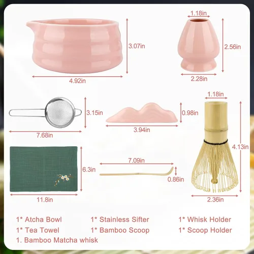 Vista 6 de [Usado] Juego de té Matcha de 7 piezas – Kit completo japonés Matcha con cuenco de cerámica, batidor y soporte de bambú, cuchara y reposo, tamiz