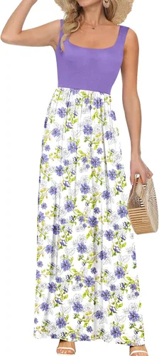 Vista 7 de AUSELILY Vestido largo con cuello cuadrado para mujer, sin mangas, floral, holgado, con bolsillos