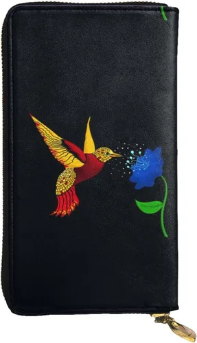 Vista 2 de Cartera larga con cremallera para mujer, diseño de colibrí, color negro, tarjetero para tarjetas de crédito