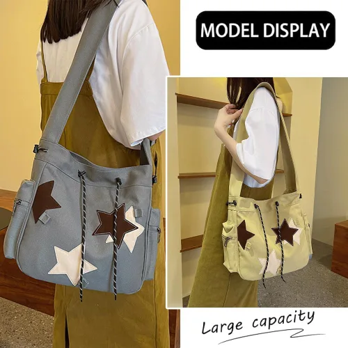 Vista 2 de KlaOYer Bonita bolsa de mensajero de lona, bolso cruzado de estrella, Y2K, bolso de mano kawaii estético hobo para mujer