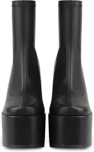 Vista 4 de Easyfox Platform Boots for Women Mid Calf Chunky High Heels Ankle Booties Slip on Round Toe Elastic PU Leather Short Boots