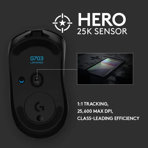 Vista 4 de Logitech G 703 Lightspeed - Mouse inalámbrico para juegos con sensor Hero 25K, compatible con PowerPlay, Lightsync RGB, ligero 95G+10G opcional