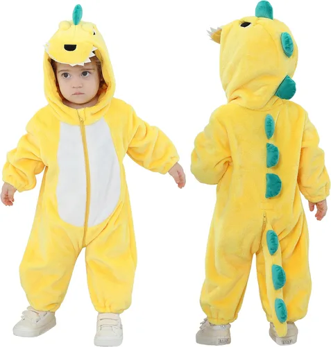 Vista 8 de TONWHAR - Disfraz de dinosaurio para niños pequeños, mameluco de animal para Halloween para niños y niñas Verde militar