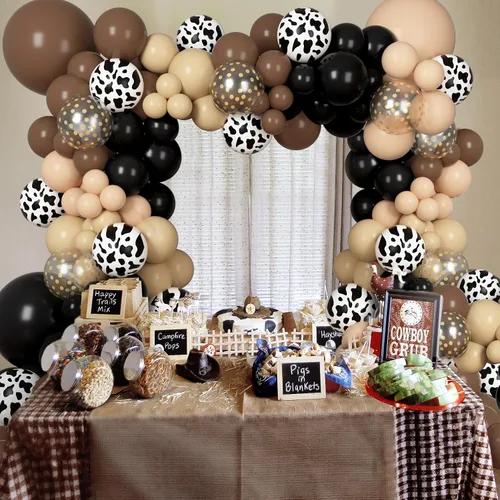 Vista 6 de Kit de Arco de Guirnalda de Globos de Vaquero Occidental de 170 Piezas, Globos de Confeti Negro y Marrón con Estampado de Vaca para Granja