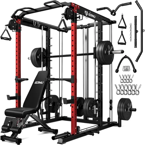 Vista 10 de Máquina S1-V4 Smith, jaula de potencia de 2000 libras con sistema de cruce de cables, estante de sentadillas todo en uno con barra Smith