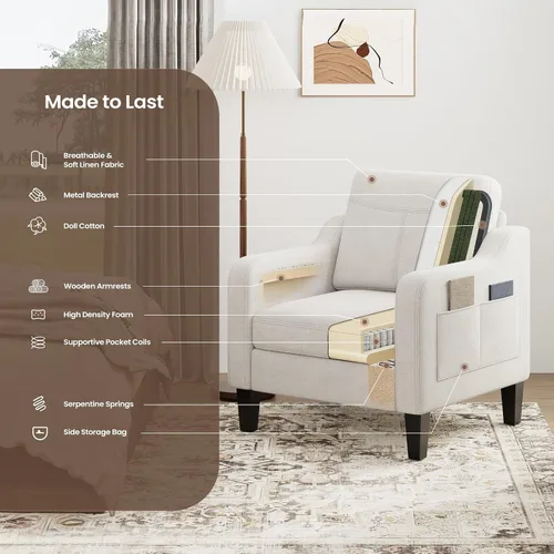 Vista 9 de Silla de acento para sala de estar, sillón moderno tapizado en lino, silla de sofá lateral de tela con estructura de madera con mesa plegable, 2