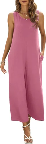 Vista 3 de Overol de verano para mujer, casual, holgado, pantalones largos, cuello redondo, sin mangas, con bolsillos