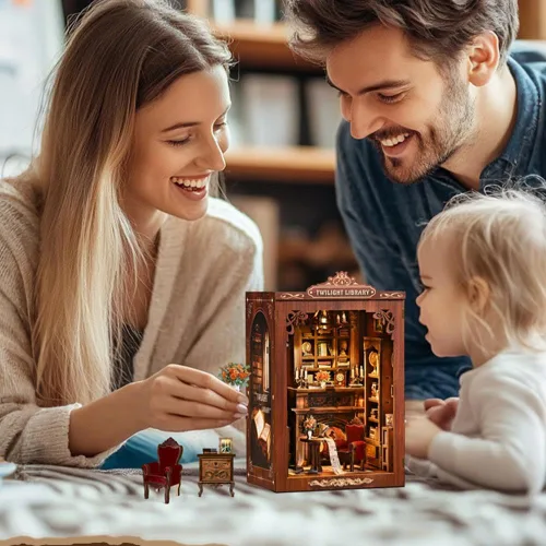 Vista 9 de Kits de rincón de libros para adultos, rompecabezas de madera 3D para casa de muñecas, estantería en miniatura para casa de muñecas, decoración