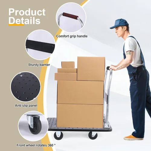 Vista 3 de Carro de mano de plataforma resistente para mudanza, plataforma plegable con ruedas giratorias de 360 grados, carrito de mano plegable para carga