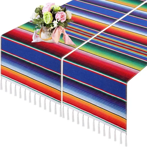 Vista 12 de Tegeme 12 Piezas Caminos de Mesa Mexicanos 14 x 84 Pulgadas Camino de Mesa Mexicano Serape Manta Decorativa con Flecos de Algodón Decoración