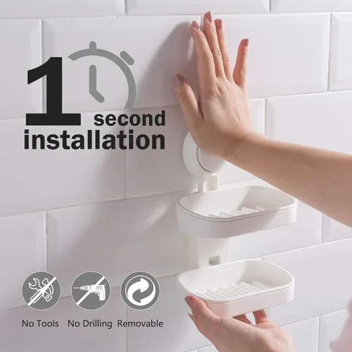 Vista 3 de LEVERLOC Jabonera para ducha, ventosa, para montar en la pared, sin perforación, autodrenante, extraíble, impermeable, fuerte, barra de succión al