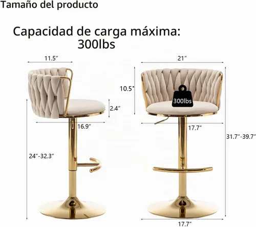 Vista 3 de Cinxzar Juego de 2 taburetes de bar de terciopelo dorado, taburetes de bar giratorios de altura de mostrador con respaldo, taburetes de bar tejidos