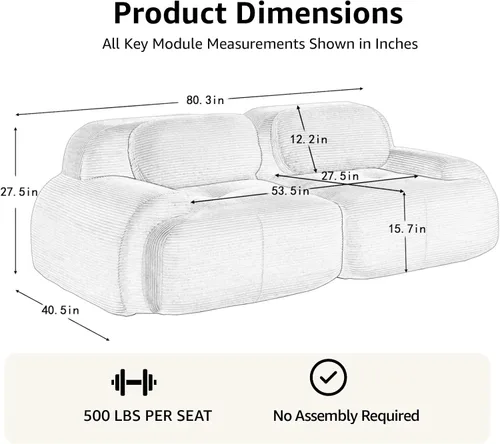 Vista 2 de Sofás seccional modular de 80" sin huesos modernos para sala de estar, juego de sofás comprimidos de 2 plazas con asiento profundo, sin necesidad