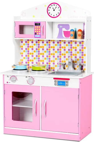 Vista 10 de HONEY JOY Juego de cocina para niños, cocina de simulación para niños pequeños, fregadero y grifo removibles, microondas, utensilios de cocina