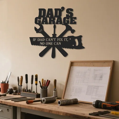 Vista 3 de Letreros de garaje personalizados para hombres, letrero de garaje para papá, letrero personalizado de metal para exteriores, decoración de cueva