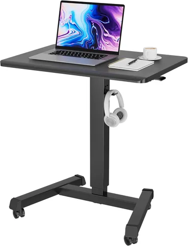 Vista 10 de BONTEC Escritorio móvil de pie de altura ajustable, carrito rodante para laptop con estante de almacenamiento, ganchos, estación de trabajo portátil