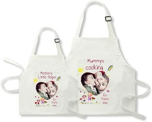 Vista 8 de Paquete de 2 delantales personalizados para padres e hijos, delantales ajustables con foto con nombre personalizado para cocina, cocina, hornear
