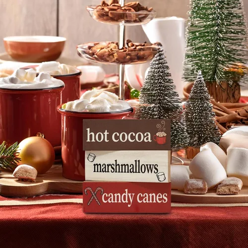 Vista 6 de Juego de 3 piezas de bloques de madera de malvaviscos de chocolate caliente, decoración navideña para barra de cacao caliente o estante