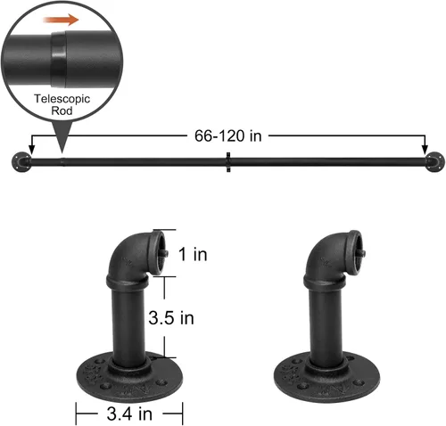 Vista 3 de Refrze Paquete de 2 barras de cortina negras para ventanas de 66 a 120 pulgadas, industriales, resistentes, opacas, negro mate, montaje en pared