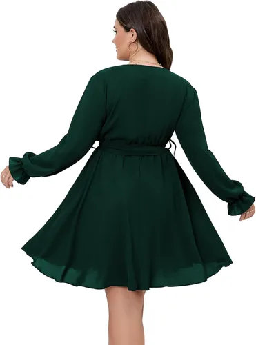 Vista 4 de SCOMCHIC Vestido corto de manga larga con cuello en V y lazo en la cintura para mujer