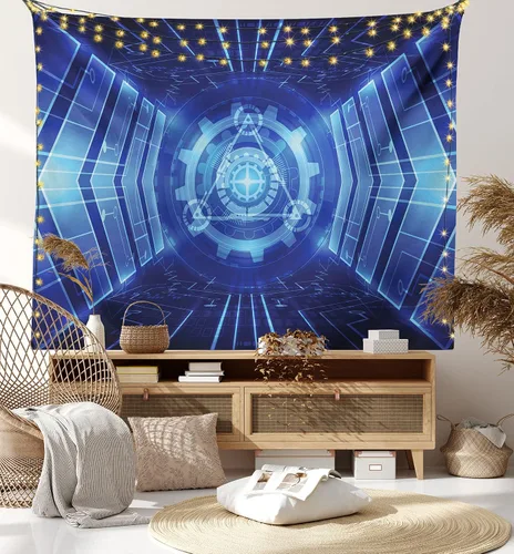 Vista 28 de Lunarable Tapiz azul, piscina temática de competición deportiva con carriles imagen de pictograma acuático, decoración de tela para colgar