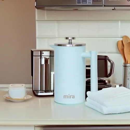 Vista 5 de MIRA Prensa francesa aislada de 20 onzas, cafetera y té de acero inoxidable, cafetera con control de temperatura de doble pared, color azul perla