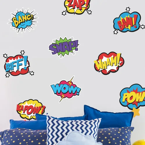 Vista 3 de Calcomanías de pared con palabras de cómic de superhéroe, paquete de 12 calcomanías de efectos de sonido de acción, vinilo impermeable y duradero