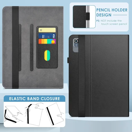 Vista 6 de DETUOSI Funda universal para tableta Android de 10.1 pulgadas, cubierta protectora de cuero, visión de 2 ángulos, con 3 ranuras para tarjetas, funda