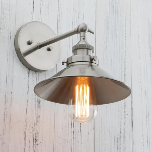 Vista 4 de PERMO - Iluminación de pared industrial vintage en metal, apliques de pared en níquel cepillado, lámpara de pared ajustable de 180 grados