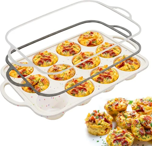 Vista 9 de Juome Moldes de silicona para mordeduras de huevo, 12 tazas de moldes de silicona para magdalenas para hornear, molde de silicona antiadherente