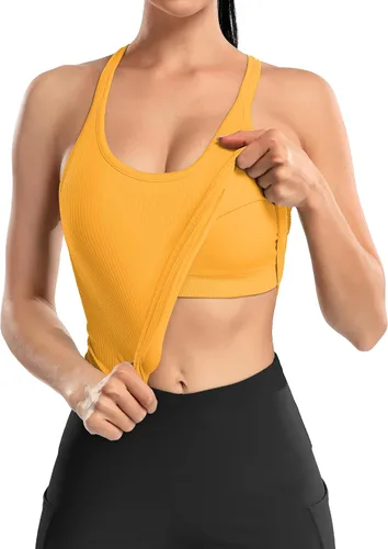 Vista 138 de ATTRACO Camiseta corta acanalada de entrenamiento para mujer con brasier integrado para yoga, espalda cruzada, ajuste ajustado