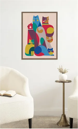 Vista 8 de Kate and Laurel Lienzo enmarcado para pared, diseño de gatos abstractos retro modernos 02 por Rachel Lee de 18 x 24 pulgadas, marco de nogal Sylvie