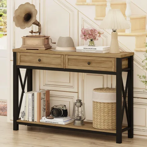 Vista 11 de Mesa de consola rústica detrás del sofá, mesa industrial de entrada con estantes, mesas de sofá de 3 niveles estilo granja para sala de estar, Roble