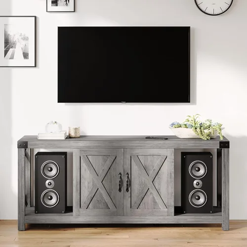 Vista 3 de IDEALHOUSE Soporte de TV de 59 pulgadas para TV de hasta 65 pulgadas, gabinete de TV de madera de granja con almacenamiento y estantes ajustables