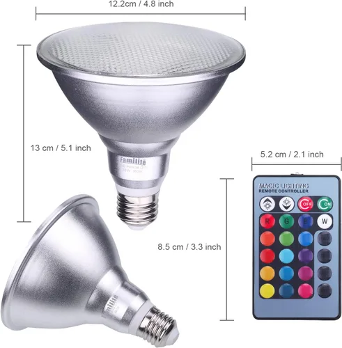 Vista 2 de PAR38 - Bombilla LED para proyector, 30 W, cambio de color, luz de paisaje RGB controlada a distancia, regulable E27 a base de lámpara de césped