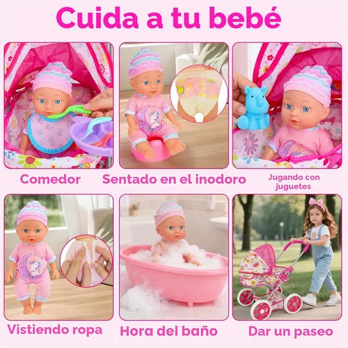 Vista 5 de Qirptey Juego de cochecito de muñeca de bebé, juguetes para niñas y niños