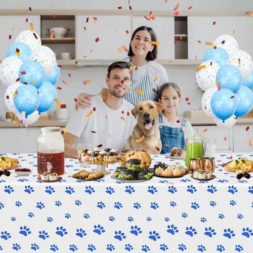 Vista 5 de Paquete de 2 manteles con estampado de patas de cachorro, 51 x 87 pulgadas, desechables, de plástico, para decoraciones de fiestas temáticas de Azul