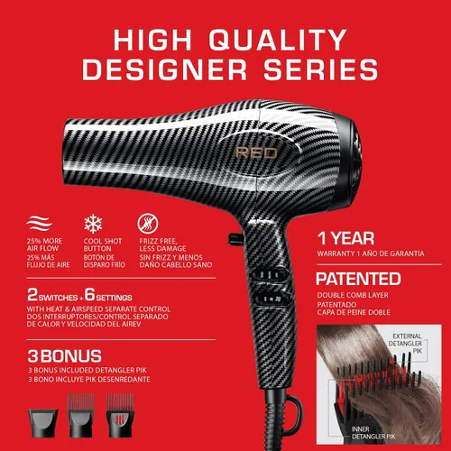 Vista 5 de RED Designer Series 3200 - Secador de pelo, 3 ajustes de calor y 2 velocidades, tiro fresco, 25% más flujo de aire, Pik desenredante patentado