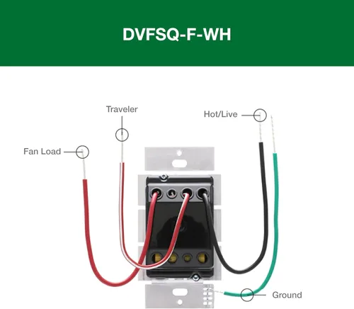 Vista 8 de Lutron Diva Control de ventilador de 3 velocidades, unipolar/3 vías, DVFSQ-F-WH, color blanco