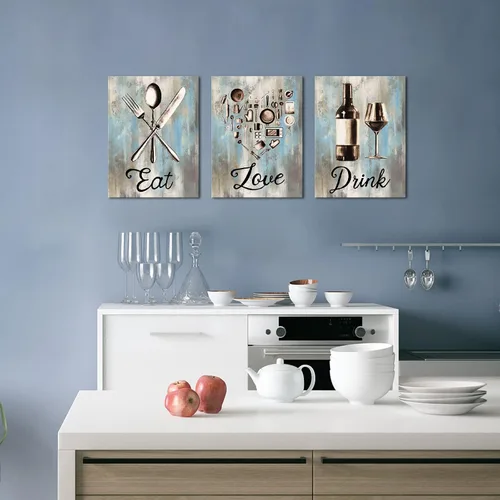 Vista 4 de LyerArtork Imágenes de cocina para el hogar, arte de pared, utensilios vintage, impresiones en lienzo, pinturas de letrero de "Eat Love Drink