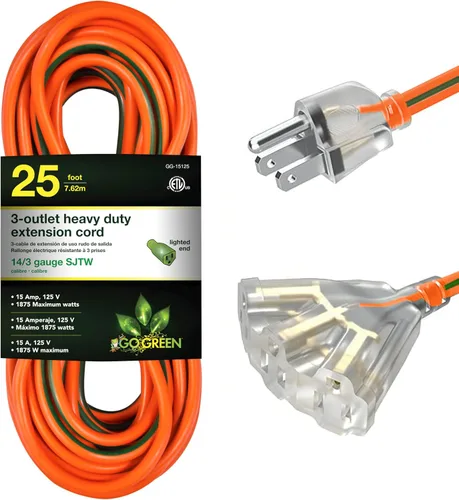 Vista 11 de GoGreen Power (GG-15225) Cable de extensión SJTW de 3 salidas de 12/3 de 25 pies, extremo iluminado, 25 pies