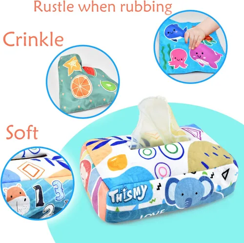 Vista 3 de Juguetes para bebés 6-12 meses, juguete de caja de pañuelos montessori para bebés 6-12 18 meses, juguetes sensoriales suaves con contraste y crujido