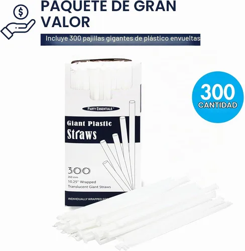 Vista 3 de Party Essentials Pajitas desechables de plástico, 10.25 pulgadas gigantes/300 unidades, envueltas individualmente, transparentes 10.25" envuelto