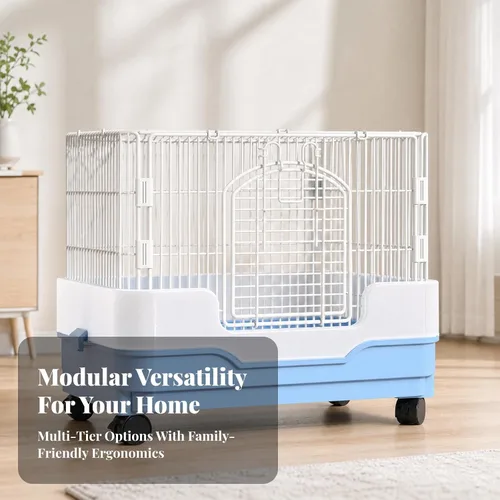 Vista 3 de Small Pet Enclosure Indoor Wire Pet Cage with Base Wipe-Clean, Blue, Double Layer