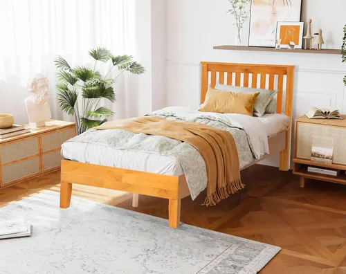 Vista 2 de Marco de cama individual de madera, marco de cama de madera con 14 listones de madera fuertes, marco de cama de madera con cabecera completa, cama